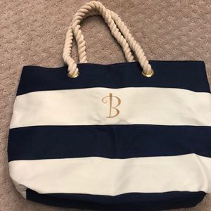 Blue cream striped tote beach bag initial B new